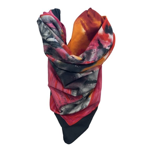 I D Unlimited Bright Fuchsia Pink Red Orange Black Square Scarf Made In Italy - Picture 5 of 12